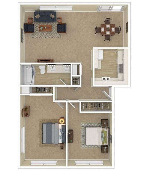 Floor plan for 2 beds, 1 bath, 970 sqft